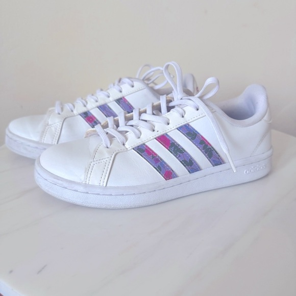 Adidas Women's Grand Court Sneakers With Floral Stripe, EGO536, US Size 7 - Picture 2 of 8